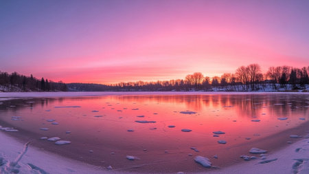 Beautiful winter landscape with frozen river and colorful sky at sunset.の素材