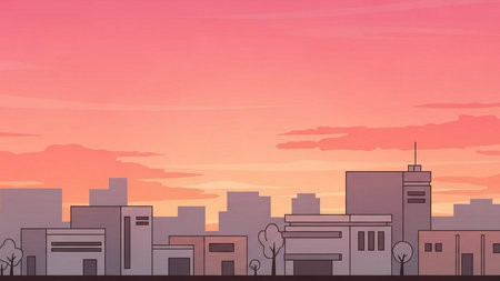 Cityscape sunset background. Cityscape with buildings and trees. Vector illustration.の素材