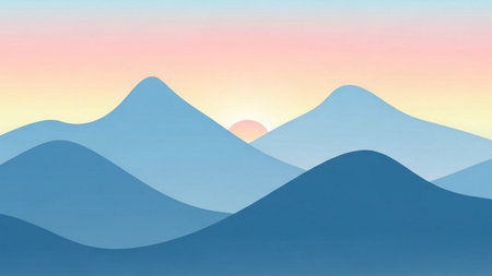 Sunset in the mountains. Paper art style. Vector illustration.の素材