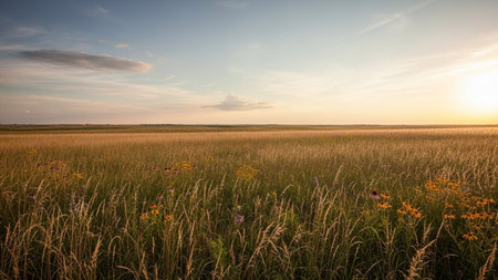Sunset over a field with wildflowers. Long exposure.の素材