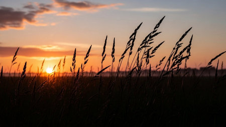 Silhouette of grass at sunset in the field. Nature backgroundの素材