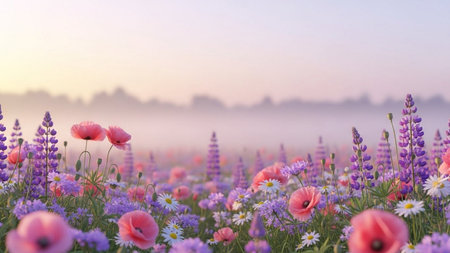 Blooming meadow with poppies and purple flowers at sunriseの素材