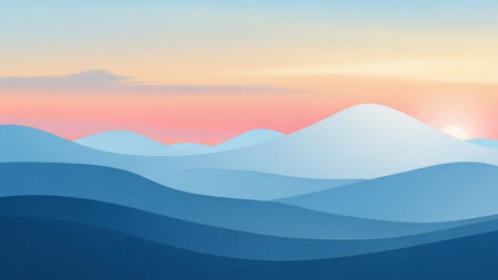 Mountain landscape with blue hills and sunset sky. Vector illustration.の素材