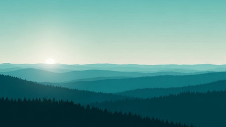 Panoramic view of the mountains in the morning mist. Vector illustrationの素材