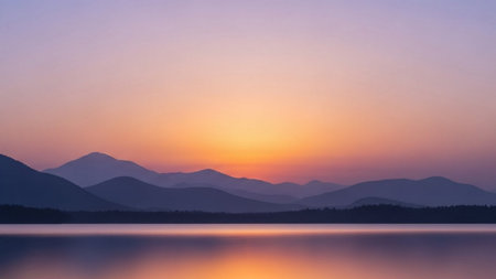 Sunset over a lake with mountains in the background. Panoramaの素材