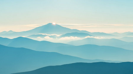 Mountain landscape in the morning mist. View from the top of the mountain.の素材