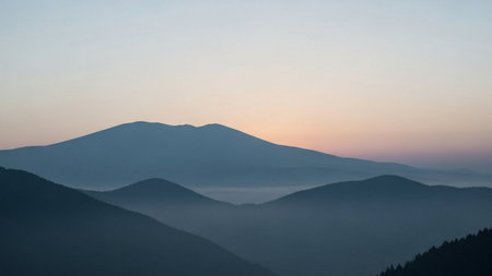 Mountain landscape with fog in the morning. Carpathians, Ukraineの素材