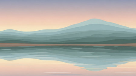 Illustration of a calm lake with mountains in the background at sunsetの素材