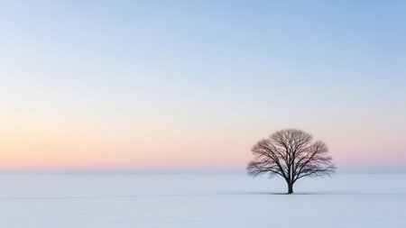 Lonely tree on a snowy field at sunset. Winter landscape.の素材
