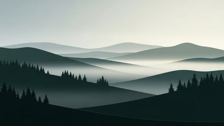 Foggy mountain landscape in the morning. 3D illustration.の素材