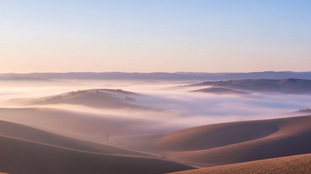 Landscape of Tuscany hills with fog in the morning.の素材