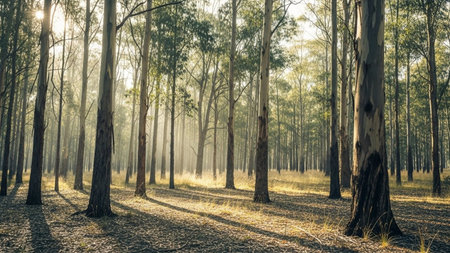 Morning sunlight in the eucalyptus forest - panoramaの素材
