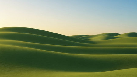 3d render of green dunes with blue sky and clouds backgroundの素材