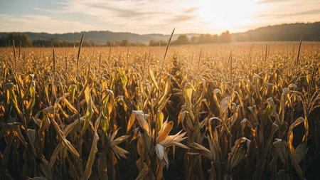 Ripe corn on the field at sunset. Beautiful autumn landscape.の素材