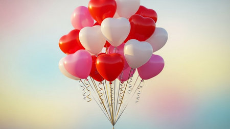 Valentine's day background with red and white heart-shaped balloonsの素材