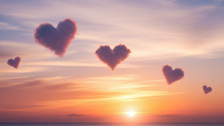 Heart shaped cloud on sunset sky background. Love and valentine conceptの素材