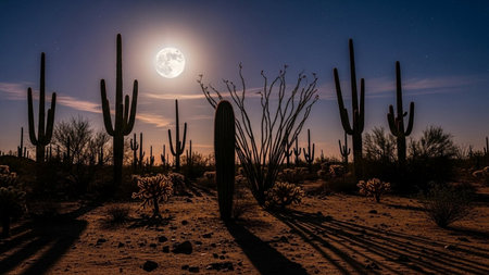 Full moon over Saguaro National Park, Arizona, USA.の素材