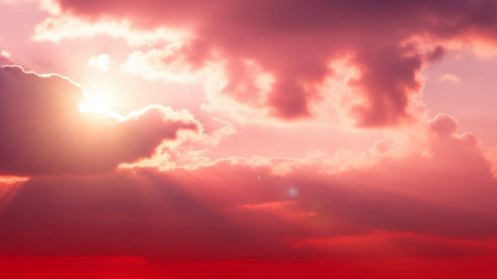 Sunset sky with clouds and sunbeams, 3d renderの素材