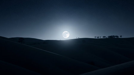 Beautiful night landscape with full moon and starry sky in the desertの素材