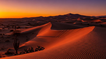 Sunset over the sand dunes in the Sahara desert, Moroccoの素材
