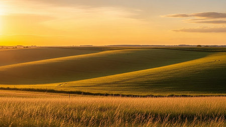 Beautiful sunset over a green field in South Moravia, Czech Republicの素材