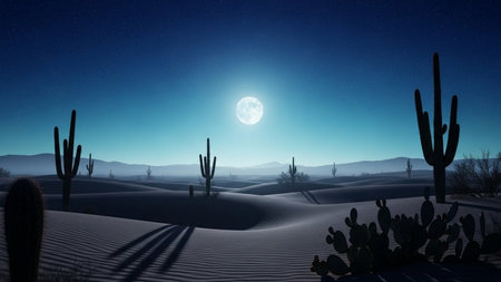 Desert landscape with cactuses and moon. 3d renderの素材