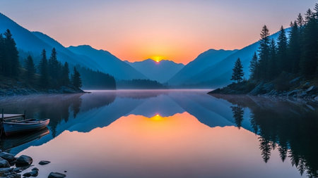 Sunset on the lake. The reflection of the mountains in the water.の素材
