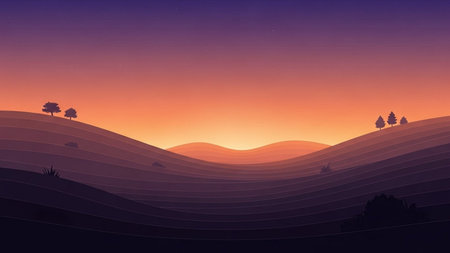 Silhouette of hills and trees at sunset. Vector illustration.の素材