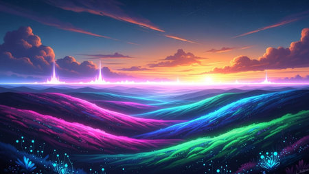 Fantasy landscape with sea, mountains and sunset. Vector illustration.の素材