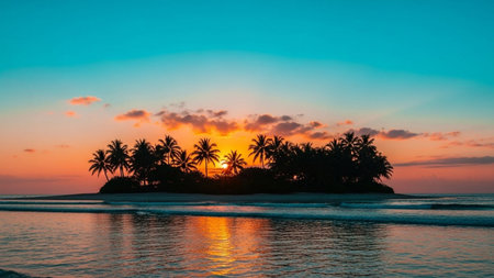 Tropical island with palm trees at sunset, Sri Lanka.の素材