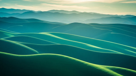 Beautiful landscape with green hills and blue sky in the morning.の素材
