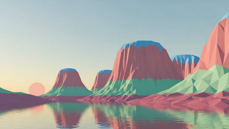 3d illustration of multicolored mountains and lake with reflection in waterの素材