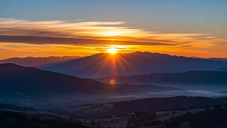 Majestic sunset in the mountains landscape. Carpathian, Ukraine, Europe. Beauty world.の素材