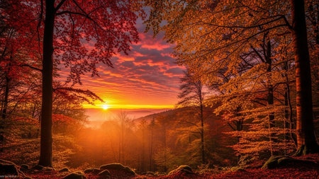 Autumn sunrise in the forest. Colorful autumn landscape in the forest.の素材