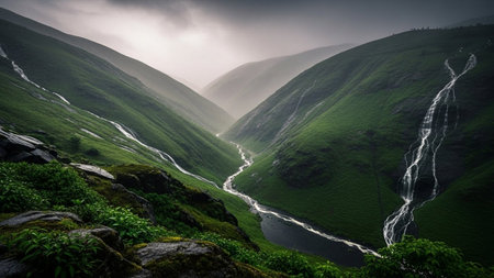 Foggy summer landscape in the Caucasus mountains. Toned.の素材