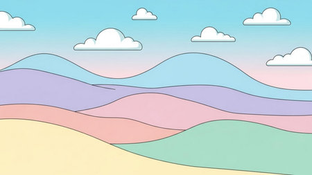 Landscape with mountains and clouds in pastel colors, vector illustrationの素材