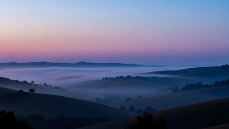 Sunrise in Tuscany, Italy. Panoramic view of Tuscany hills covered with fog.の素材