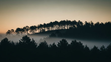 Pine trees in the fog at sunrise in the morning, nature seriesの素材