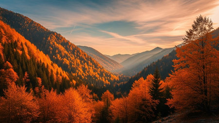Autumn forest in the mountains at sunset. Beautiful nature landscape.の素材