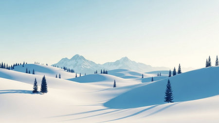 Snowy winter landscape with mountains and coniferous forest. 3d renderの素材
