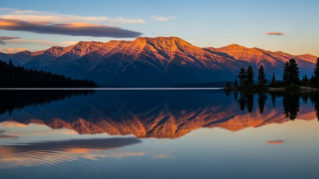 Mountains reflected in a lake at sunset, Alberta, Canada.の素材