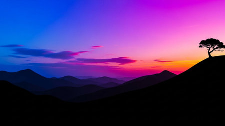 Silhouette of a tree on top of a mountain during sunsetの素材