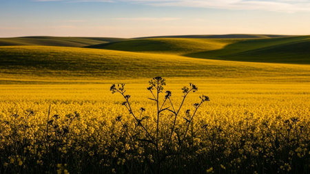 Rapeseed field at sunset in Tuscany, Italy.の素材
