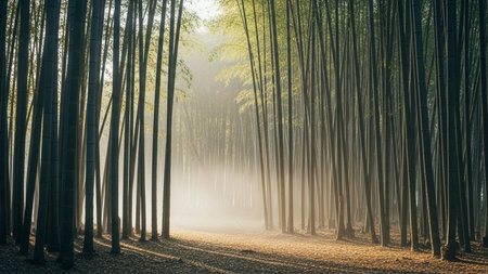 Bamboo forest with sunlight in morning at Arashiyama, Kyotoの素材