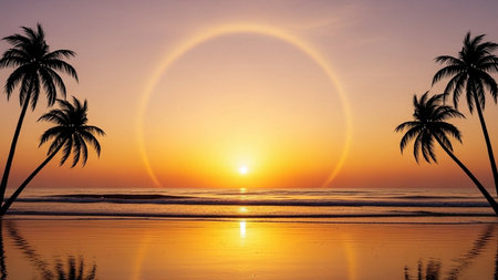 Beautiful sunset over the ocean. Silhouette of palm trees.の素材