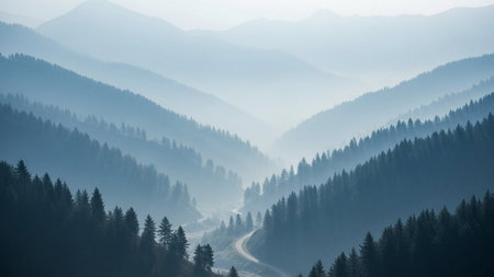 Foggy morning in the Carpathian mountains, Ukraine.の素材