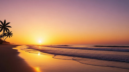 Beautiful sunset on the beach. Panoramic view. Copy space.の素材