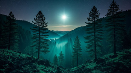 Foggy night in the mountains. The moonlight illuminates the forest.の素材