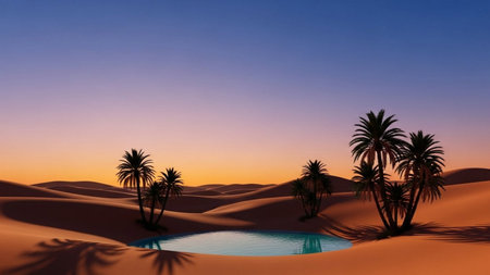 3D render of palm trees and lake in the desert at sunsetの素材