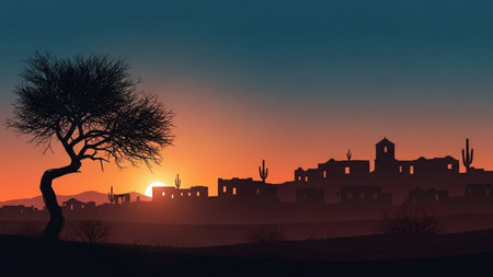 Desert landscape with a tree and houses at sunset. Vector illustration.の素材